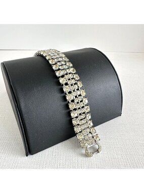 Weiss Clear Rhinestone Four Row Bracelet Silver Tone Signed Wide Band